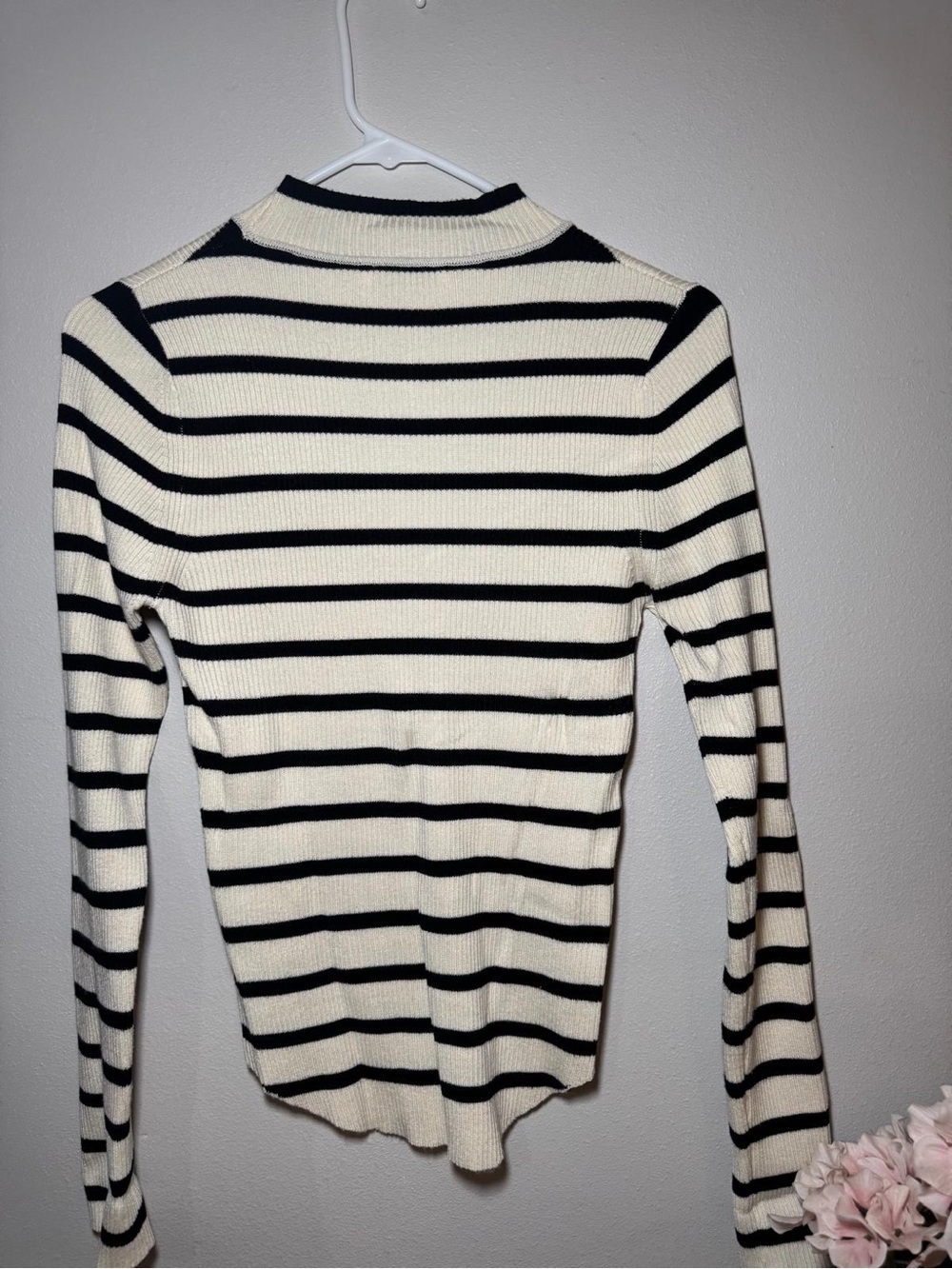 stradivarius Cream & Black Striped Ribbed Mock Neck Sweater